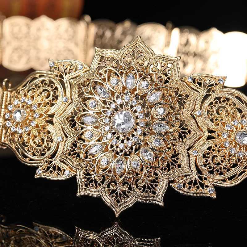 Belts European Womens Dress Belt Wedding Jewelry Gold and Silver Moroccan Kaftan Belt Metal Buckle Punk Womens Gift Q240401