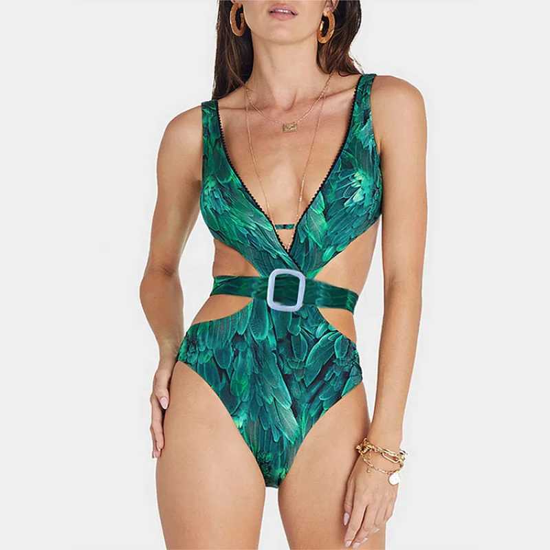 Women's Swimwear 2024 new V-neck beach suit+Bohemian womens cut tight fitting suit feather printed swimsuit and tight fitting suit with belt J240330