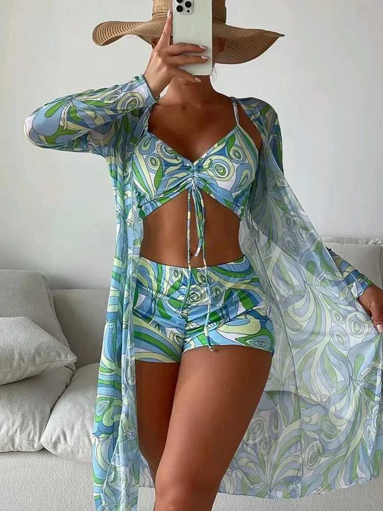Women's Swimwear 2024 New Tropical Print Bikini 3pack Drawstring Ruched Cover Up Women Swimsuit Long Sleeve Beach Wear Bathing Suit yq240330