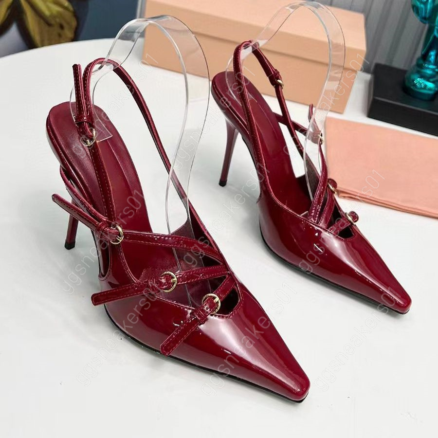 Designer kvinnor patent läder slingbacks med spännen 100 mm pumpar spetsiga tår stiletto häl fest klänning skor ankel remmen begrava höga klackar lyxklänningskor