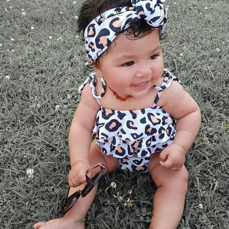 2024 children one pieces swimwear summer fashion girls white leopard print swimsuit + headscarf two-piece children's wear