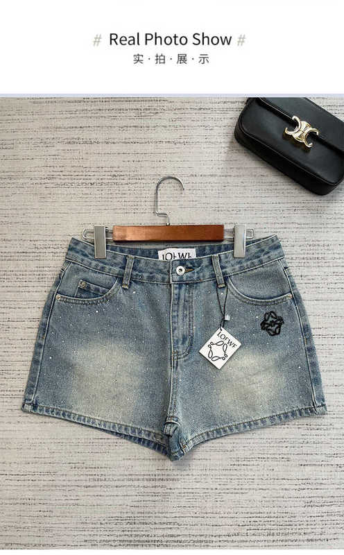 Kvinnors shorts designer sydolja hög version loe * 24 vår/sommar ny klassisk het diamant broderi mönster midja smala denim shorts för kvinnor isxr