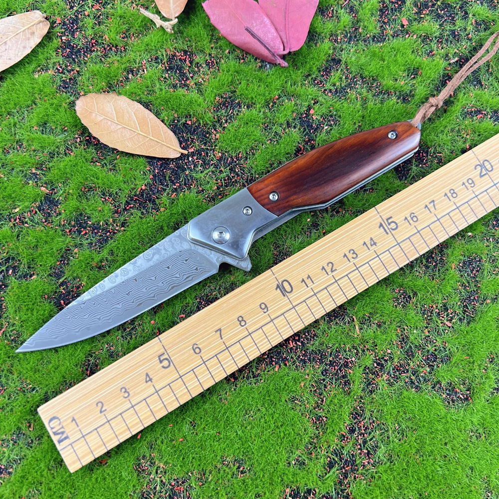 High Quality Flipper Folding Knife Damascus Steel Blade Rosewood Handle Ball Bearing Fast Open Outdoor Camping Hiking Fishing EDC Folder Knives