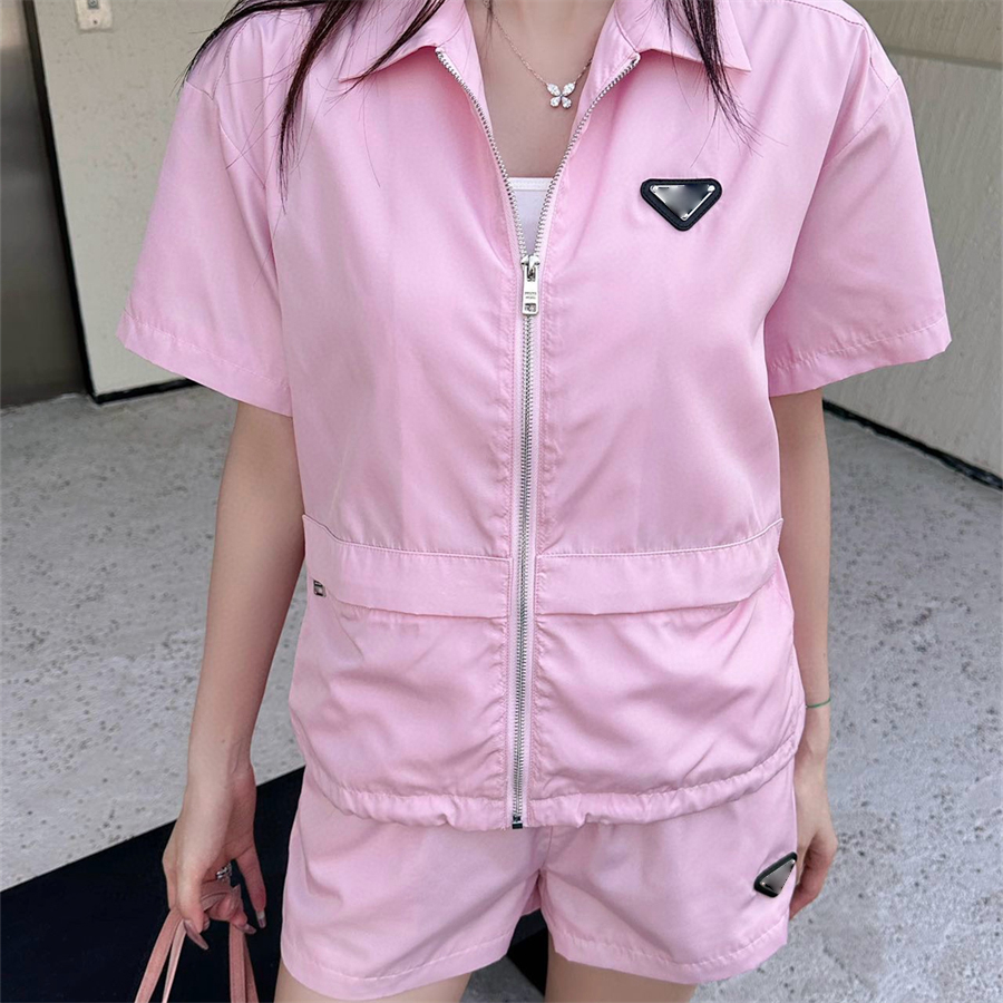 Women's juicy tracksuit Designer Two Piece set Summer Nylon Zipper Pink Green casual Short Sleeve Shorts Triangle Logo