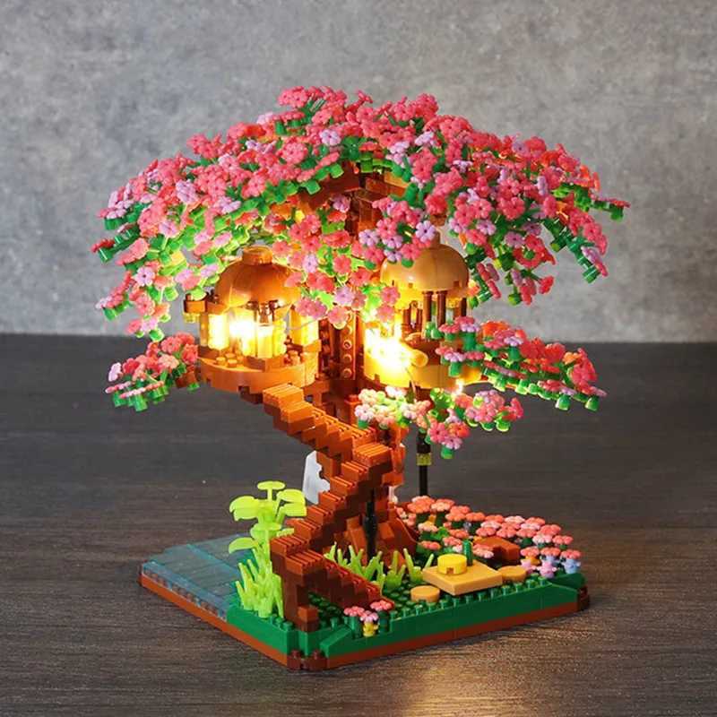 Blocks Mini Sakura Baumhaus mit Lichtern Modellbausteine Stadt Street View Kirschblütenhäuser Ziegel Kinderspielzeug für Mädchen Geschenk 240402