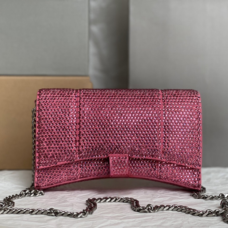 Portafoglio a forma di clessidra con cristalli da donna di lusso con catena Borsa di design in vera pelle di vitello di alta qualità Portamonete con hardware dorato di moda con scatola