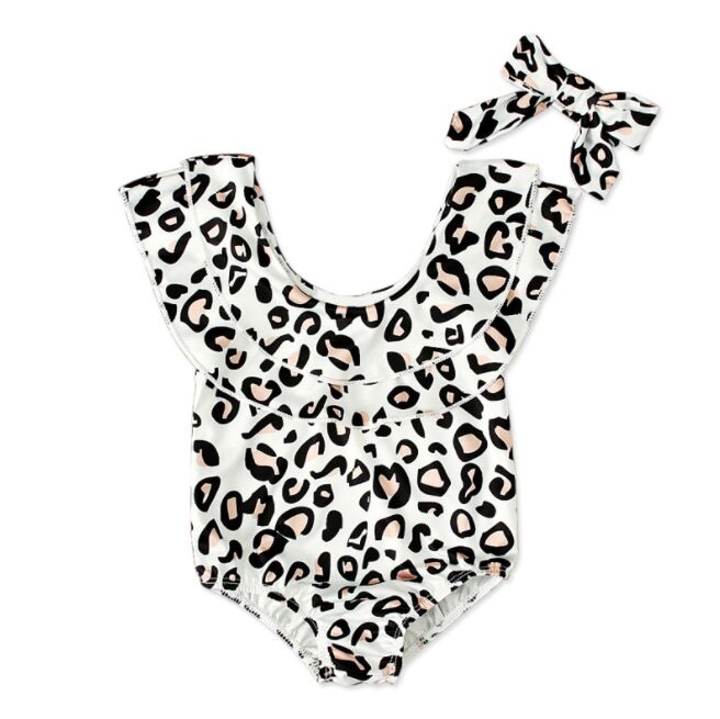 2024 children one pieces swimwear summer fashion girls white leopard print swimsuit + headscarf two-piece children's wear