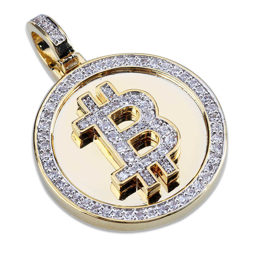 Bitcoin Symbol Pendant Gold Plated Zircon Inlaid Mens Hip Hop Necklace Pendant