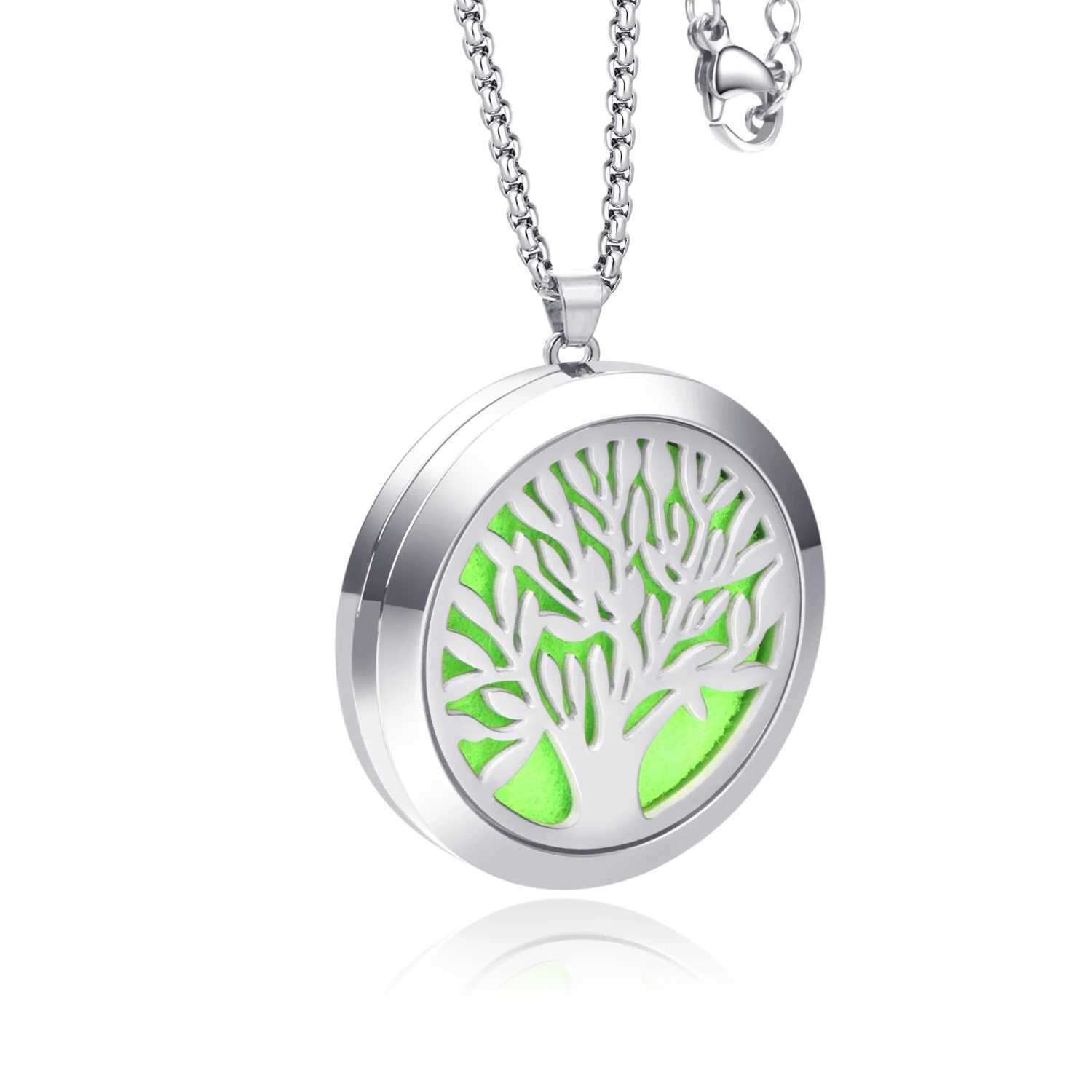 Alliage en acier inoxydable plante arbre de vie feuilles désodorisant parfum huile diffuseur 30mm médaillon bijoux pendentif collier hommes femmes 240401