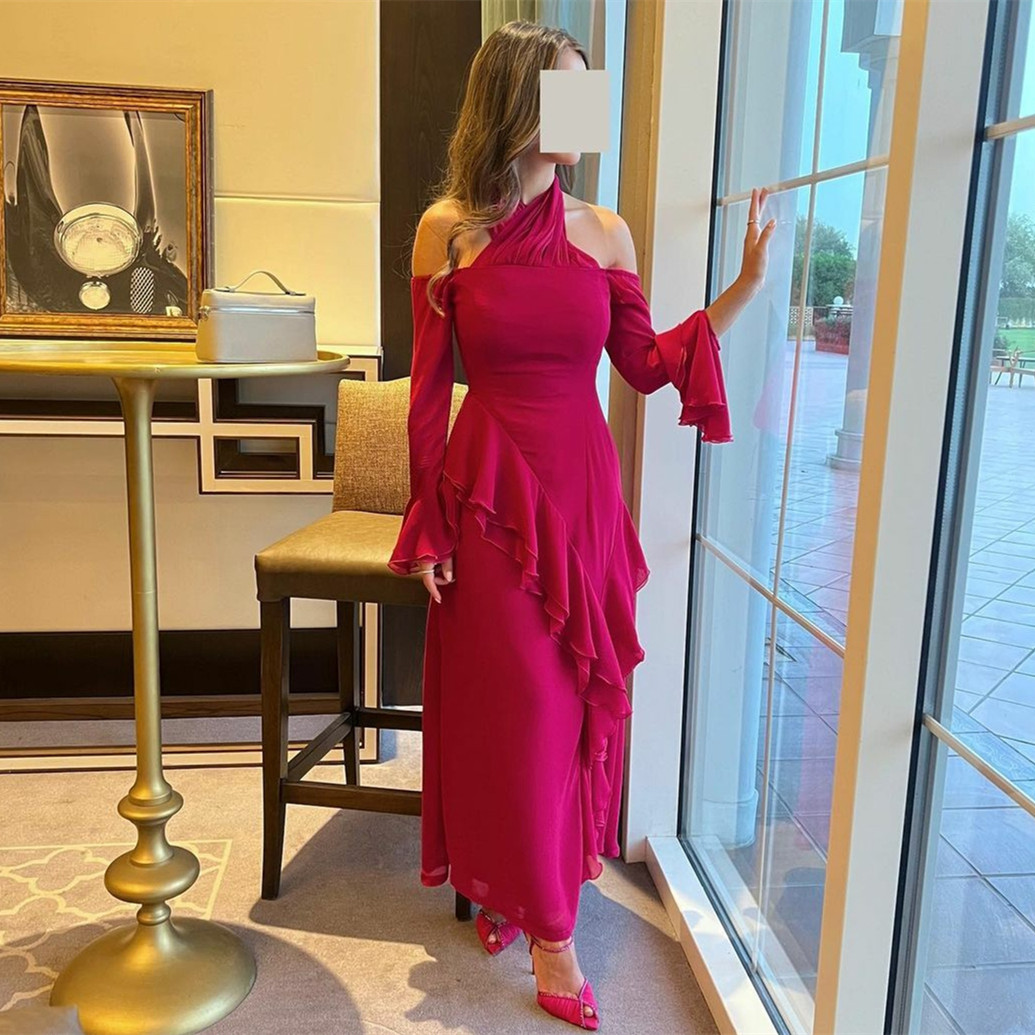 우아한 긴 자홍색 쉬폰 주름 장식 이브닝 드레스 주름 머리 고삐 발목 지퍼 백 댄스 파티 드레스