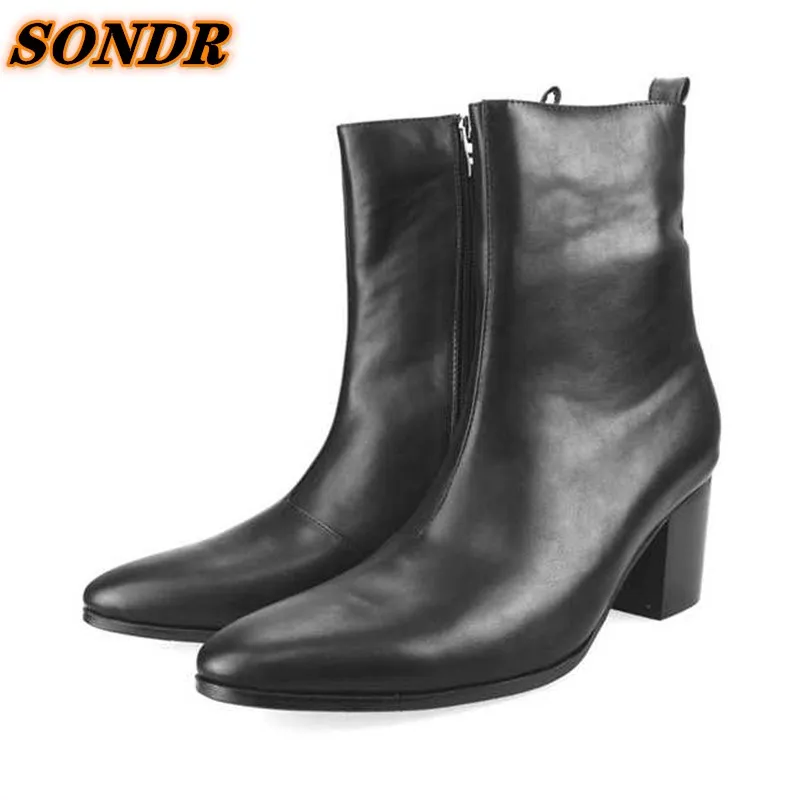 Boots Fashion Men Ankle Boots Soft Leather Men Pointed Toe Men High Heels Waterproof Zipper Shoes Suede Comfortable Chelsea Boots Men