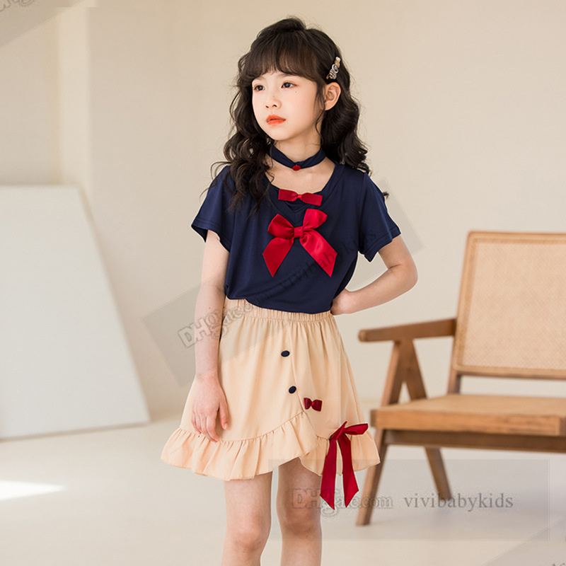 Summer girls clothes sets kids ribbon Bows tie short sleeve T-shirt Irregular falbala skirt sweet children princess outfits Z7464