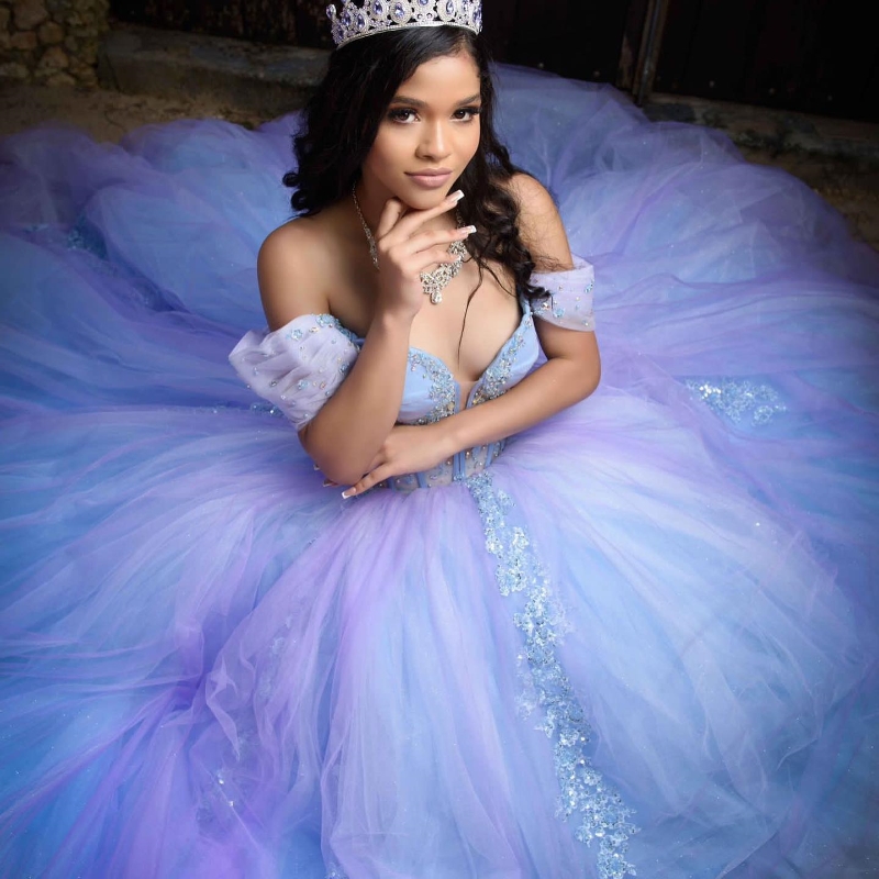 Lilac Sky Blue Shiny Sweetheart 16 -letnia sukienki Quinceanera Koronkowe koraliki Tiulle z formalnej sukienki Vestidos de 15