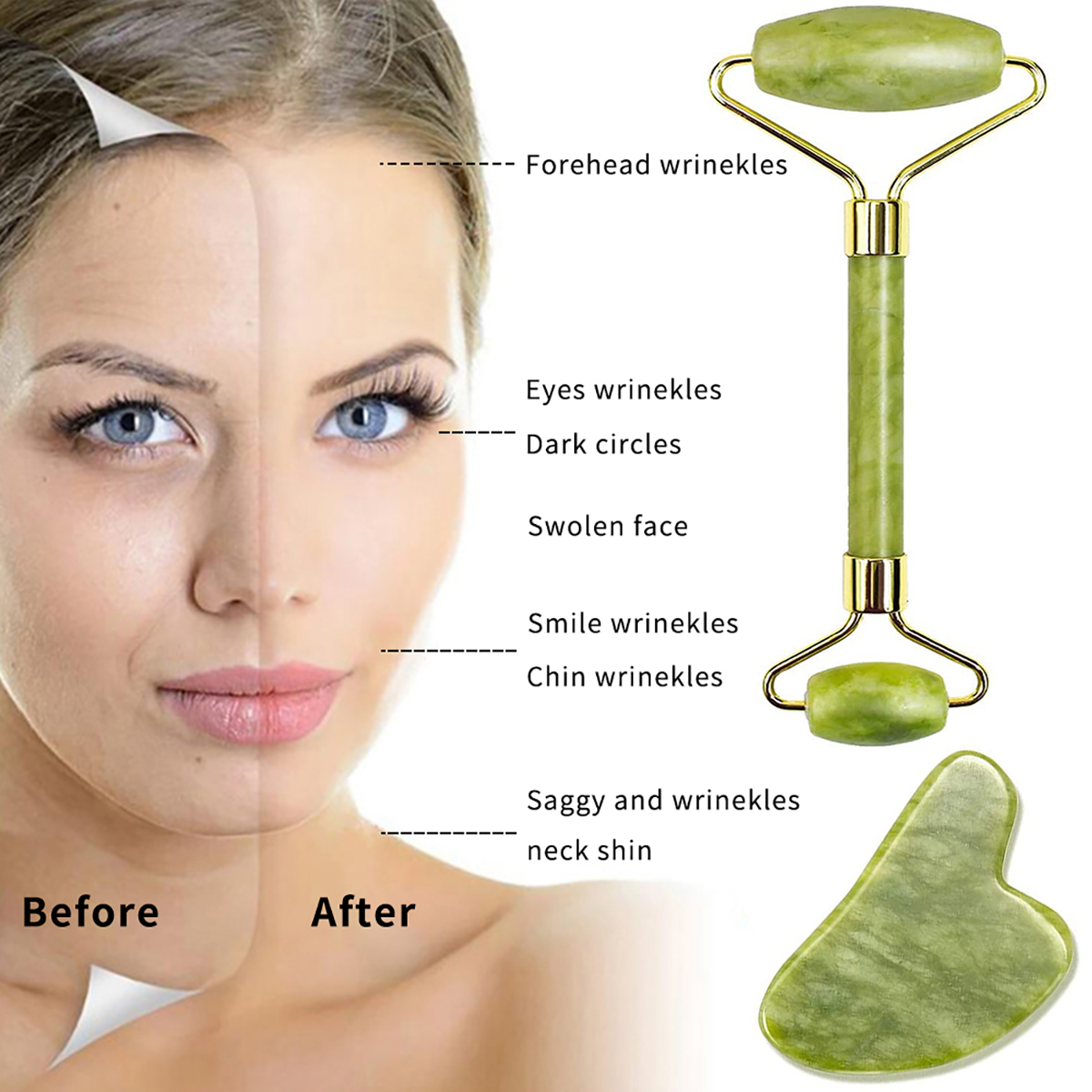 Guasha Natural Stone Massage Face Jade Roller Gua Sha Massage Tool Ensemble pour Spa Body Visage Rouleau de Hot Health and Beauty