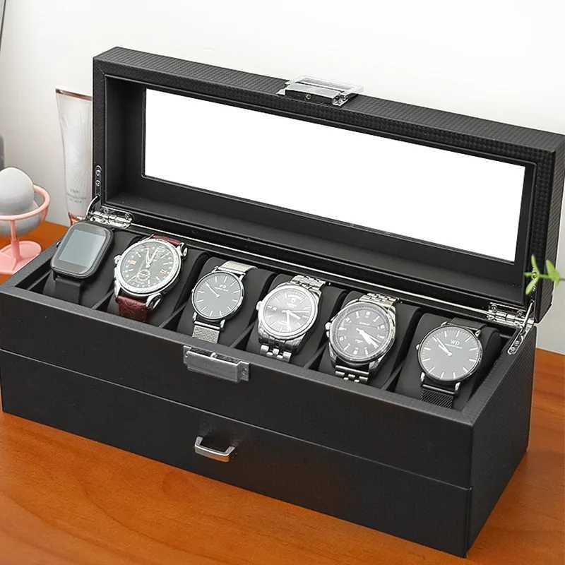 アクセサリーパッケージオーガナイザー豪華な時計ボックスカーボンファイバーボックス木製ディスプレイボックスウォッチオーガナイザーブラックキャビネット二重層ジュエリーストレージボックスQ240402