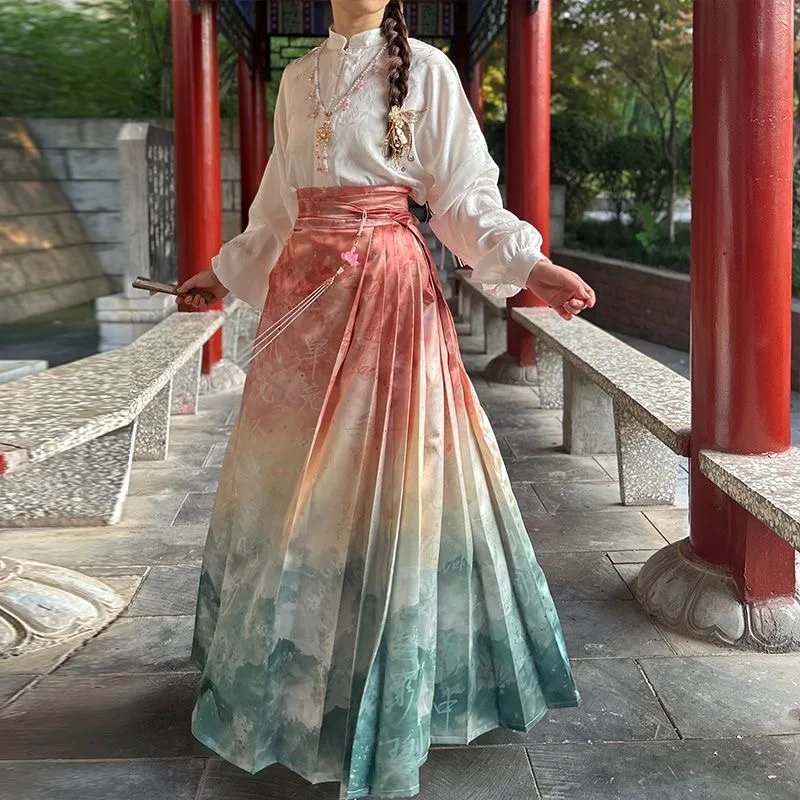 Women Improved Hanfu High Waist Horse-face Pleated Skirt Blouse Suit Vintage Chinese Traditional Ming Dynasty Costume