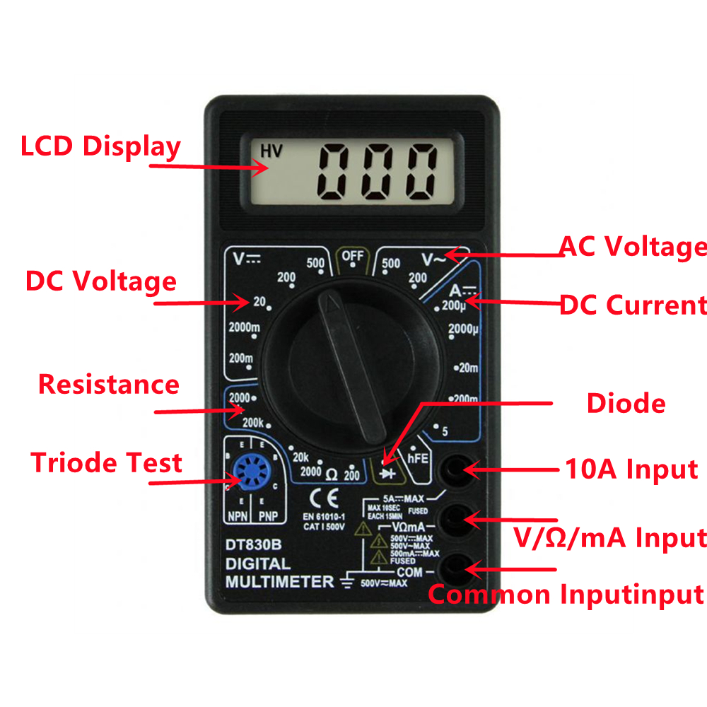 LCDデジタルマルチメーターDT-830B電圧計電流計用のミニハンドヘルドマルチメーターAC/DC 750/1000Vオームテスターメーター付きプローブ