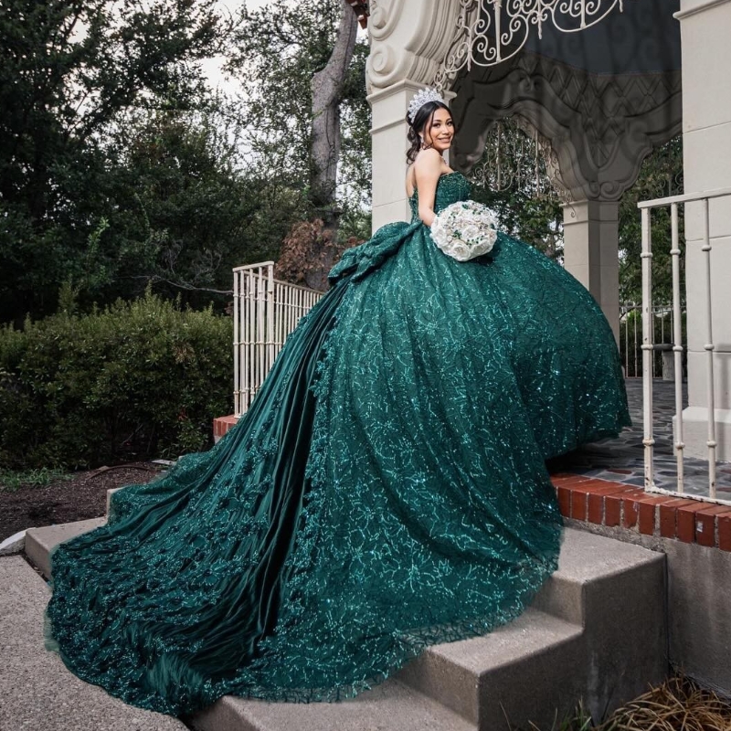 Черновато-зеленый бисер с кристаллами и бантом Quinceanera Платье Бальное платье с открытыми плечами Аппликации Тюль Корсет Vestidos De Quinceanera