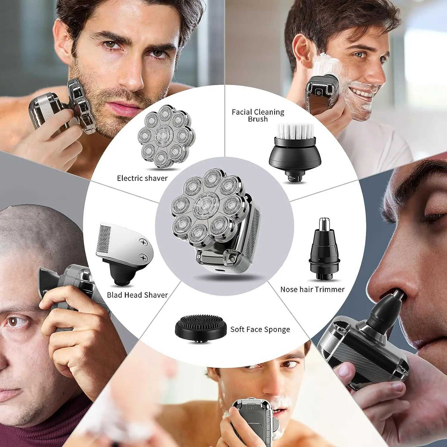 Electric Shavers 9D Head Shaver för skalliga män uppladdningsbar rakkniv IPX7 Vattentät rotary med LED -display 2442