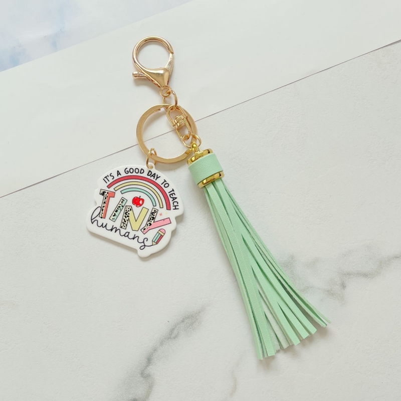 Cadeau de fête des enseignants, étiquette de lettre en acrylique, pendentif porte-clés, décoration suspendue de sac à franges en PU transfrontalier