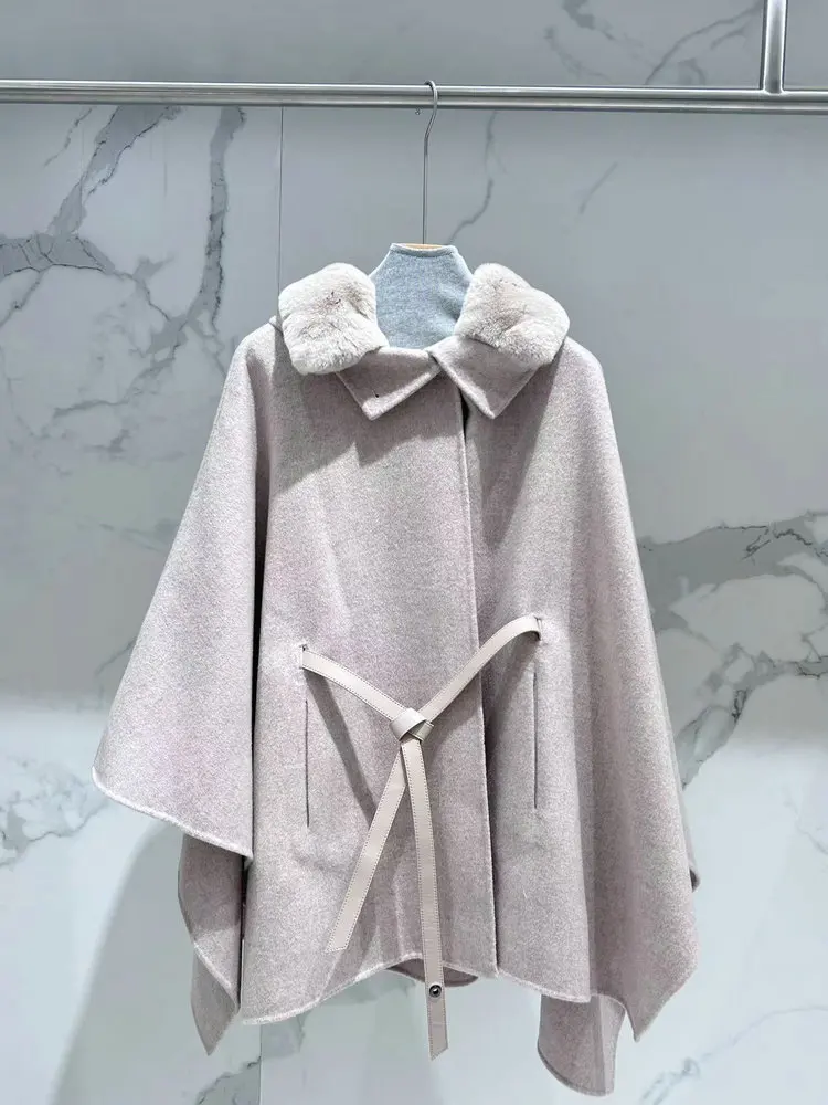 2024 outono inverno nova lã de cordeiro feminina lontra gola de pele de coelho moda solta vem com um cinto de pele de carneiro jaqueta de capa feminina