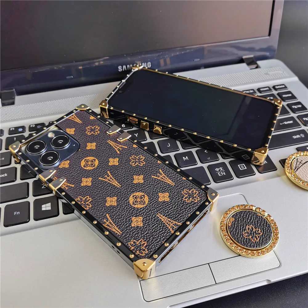 Cas de téléphone portable Couverture de motif géométrique de luxe Vintage Flower Square Cuir Case pour iPhone 15 PRO MAX 14 11 12 13 X XS XR 7 8 PLUS 2442