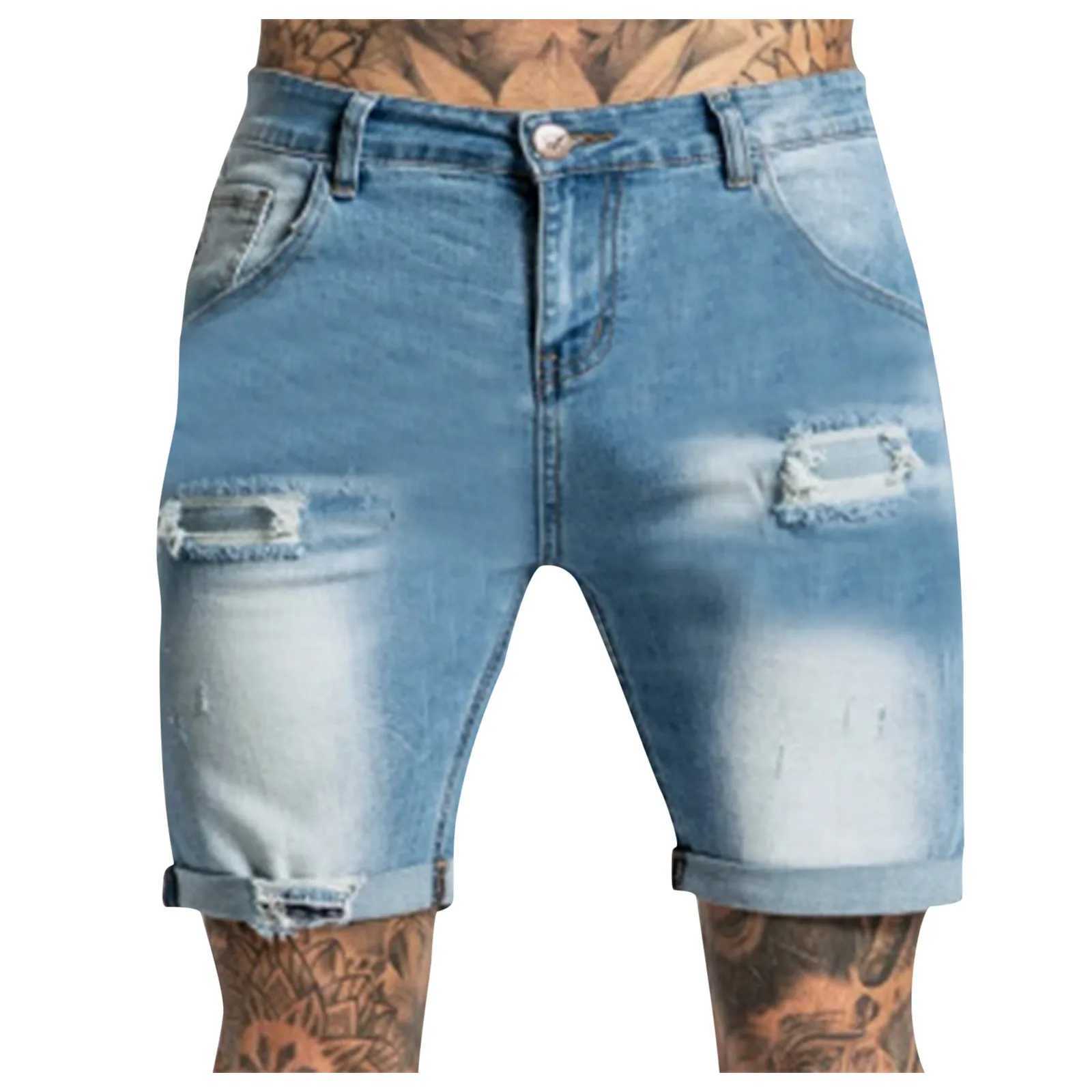 Men's Shorts Mens casual zipper fly hole jeans tight shorts Trousers pocket washing pants torn pants mens shorts jeansL2404