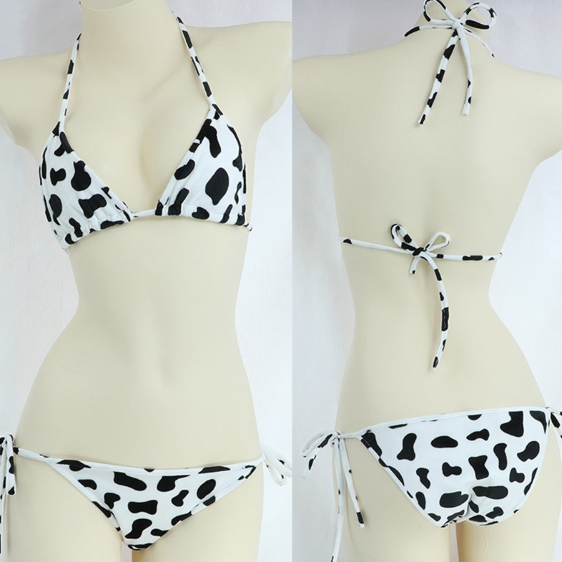 Bikini féminin ensemble Style japonais mignon lait vache en pointillés mini bikini ensembles de sous-vêtements de couchage licou haut-le avec des mémoires