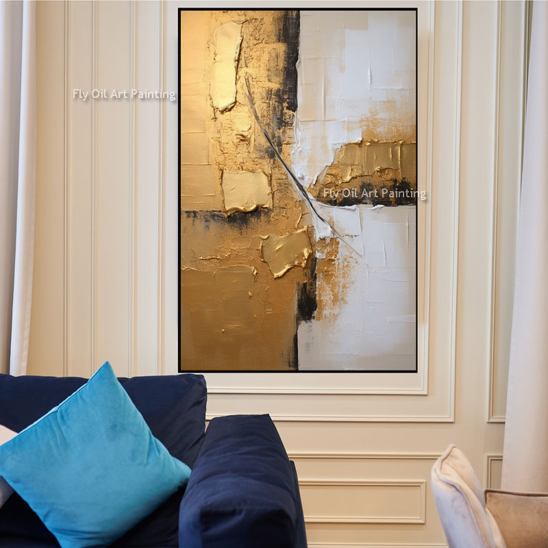 Handgefertigtes, großes, minimalistisches, gold-weißes, strukturiertes Kunstwerk auf Leinwand, Ölgemälde, weiß-beige, einzigartiges Gold-Leinwand-Dekor, Kunst für Büro, Wohnzimmer, Schlafzimmer