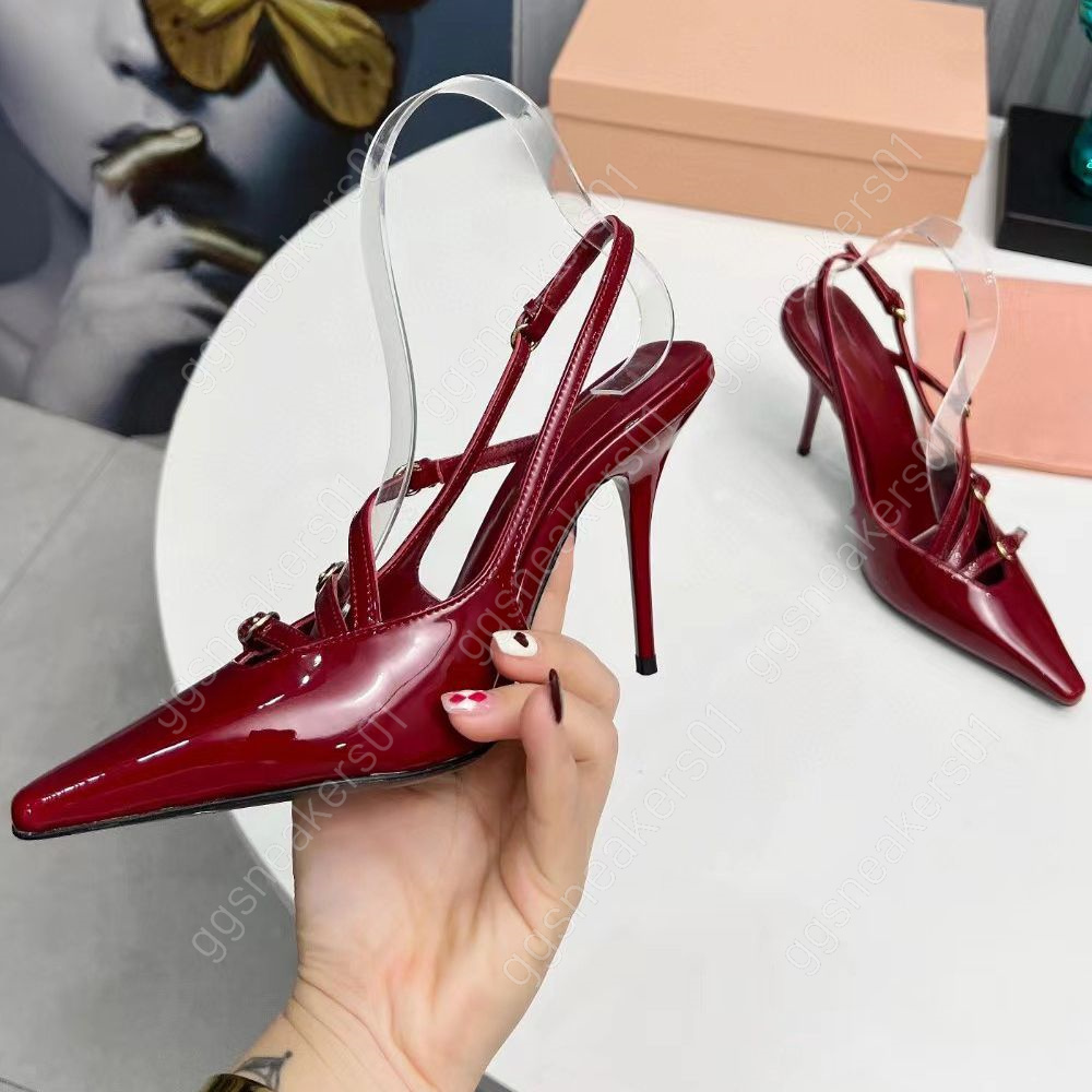 Designer femmes slingbacks en cuir verni avec boucles 100mm pompes bouts pointus talon aiguille chaussures de soirée bride à la cheville enterrer talons hauts chaussures habillées de luxe