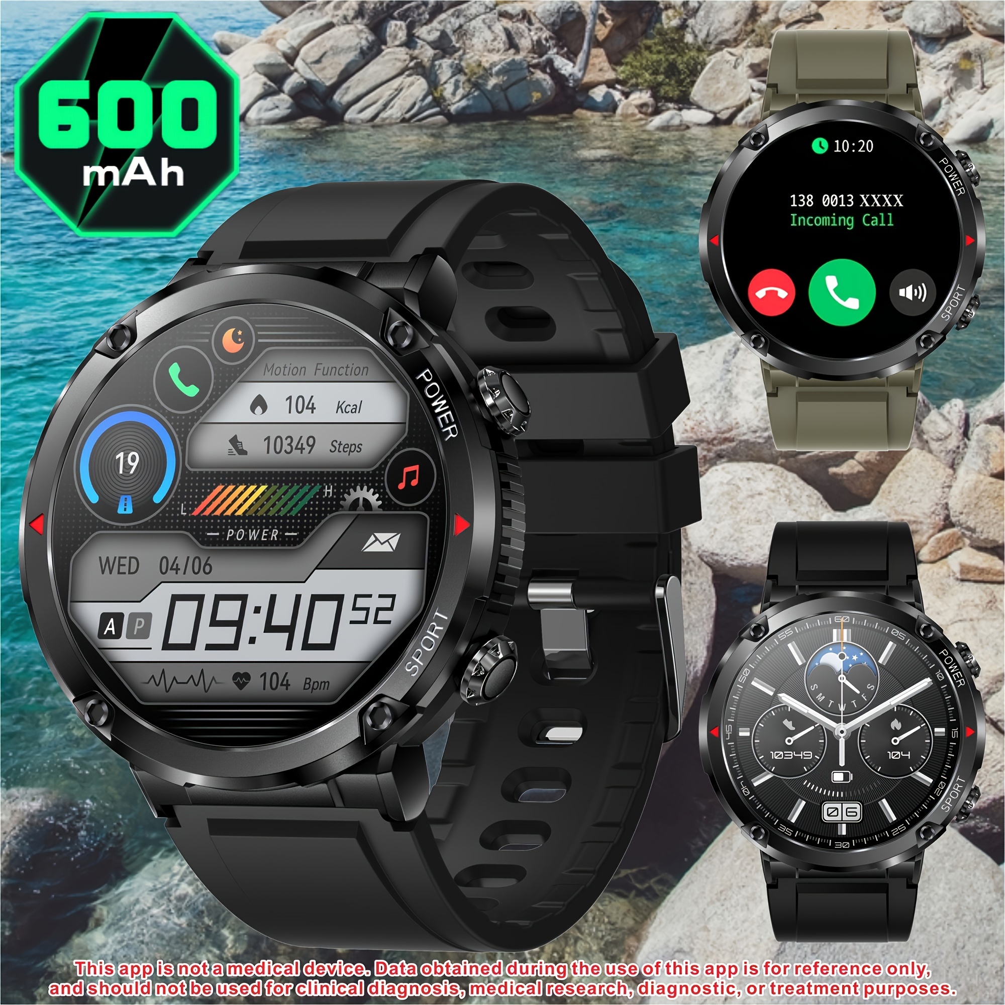 Montre intelligente de sports de plein air pour hommes réception/composition d'appels, batterie 600 MAh, écran tactile HD de 1,6 pouces, tracker d'activité, montre intelligente à plusieurs modes de sport