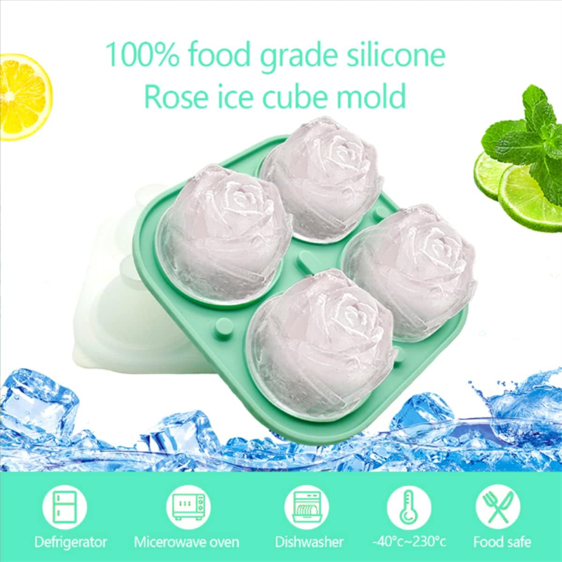 3D Rose Flower Silicone Ice Cube Maker 4 Grids Ice Cube Mold Tray Reusable Ice Ball Mould For Whiskey Cocktail Kitchen Bar Tool