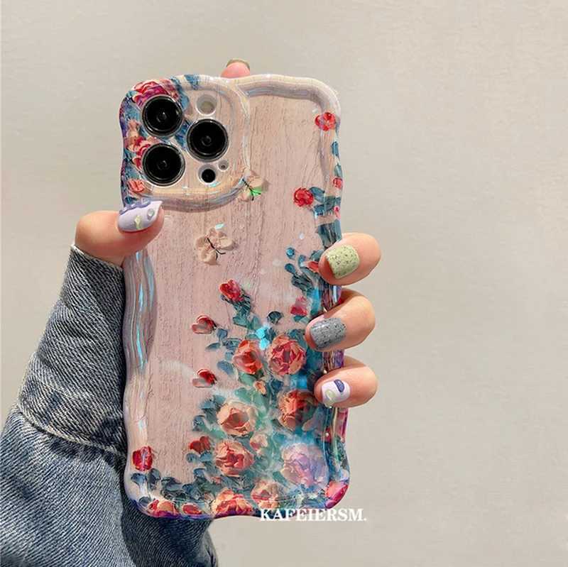 Cas de téléphone portable Laser Blue Light Flowers Case pour iPhone 14 Pro Max 11 12 13 14Pro 13Pro Luxe Antichoc TPU Soft Silicone Cover 2442