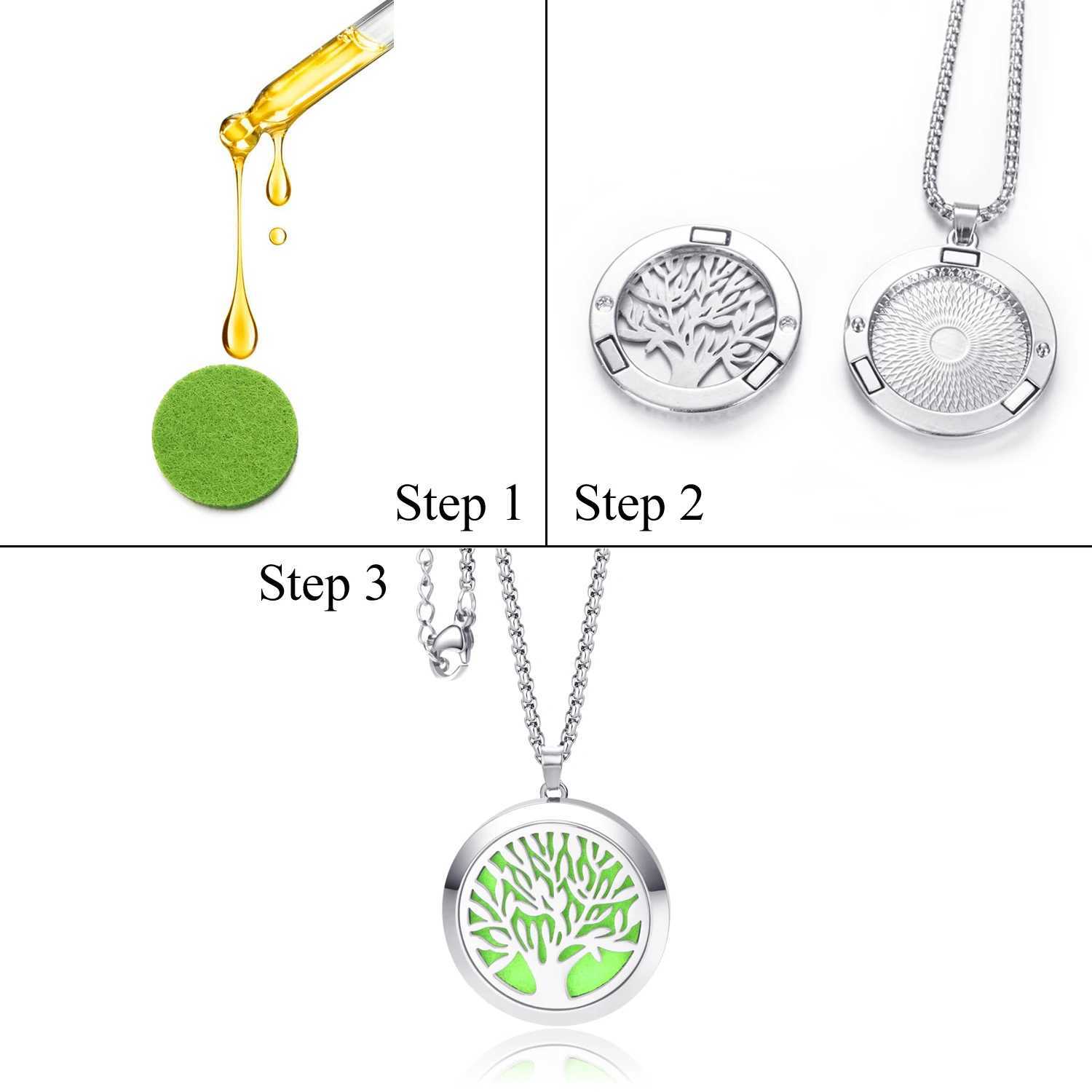 Alliage en acier inoxydable plante arbre de vie feuilles désodorisant parfum huile diffuseur 30mm médaillon bijoux pendentif collier hommes femmes 240401