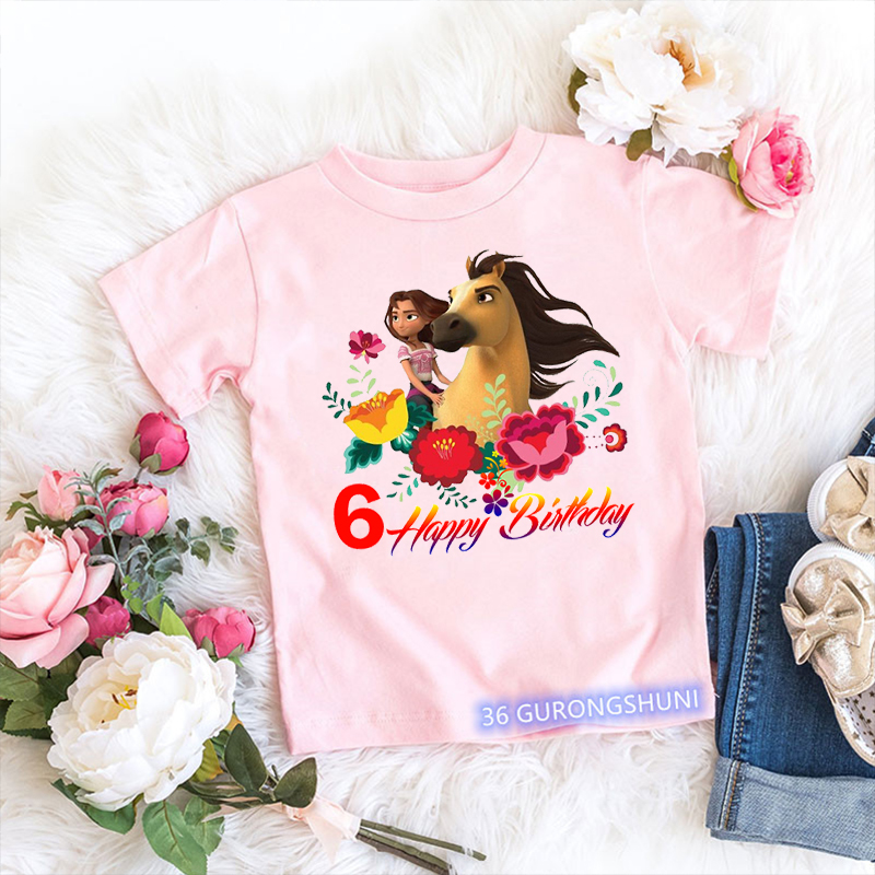 Nouveau mignon 2-10 ans Happy Brithday T-shirt Horse Horse Spirit Mustang T-shirt Vêtements d'anime bébé garçons filles T-shirts Pink Tees Top