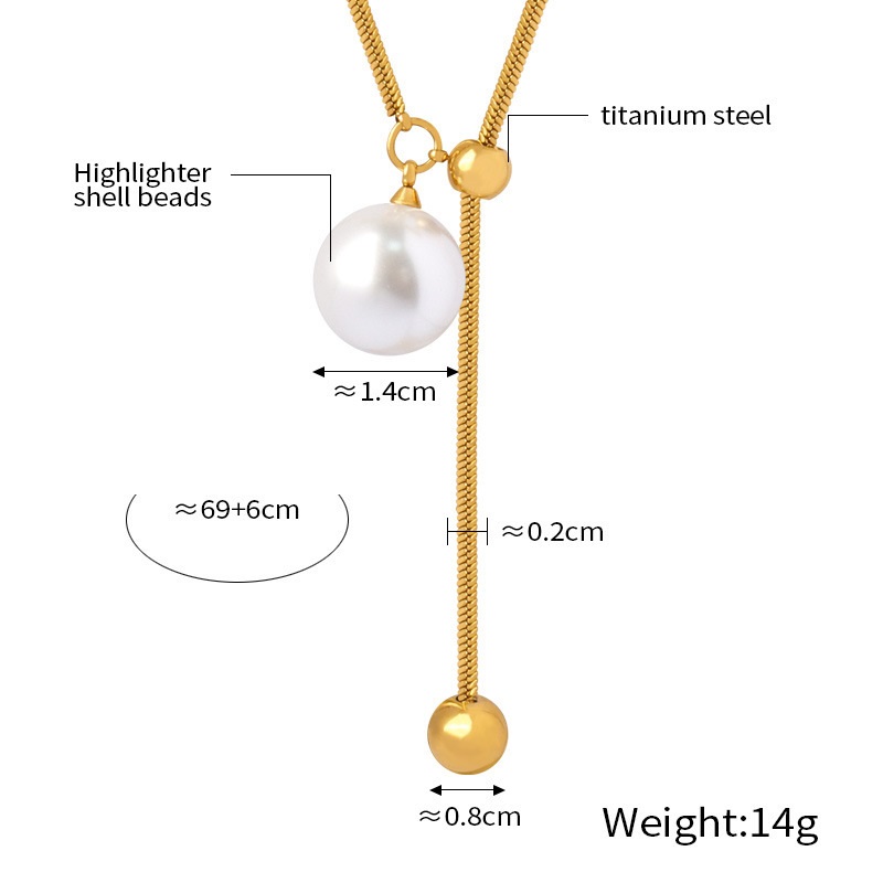 Nieuwe mode lichte luxe eenvoudige titanium staal vergulde ronde kraal kwastje hoge licht parel hanger ketting sieraden