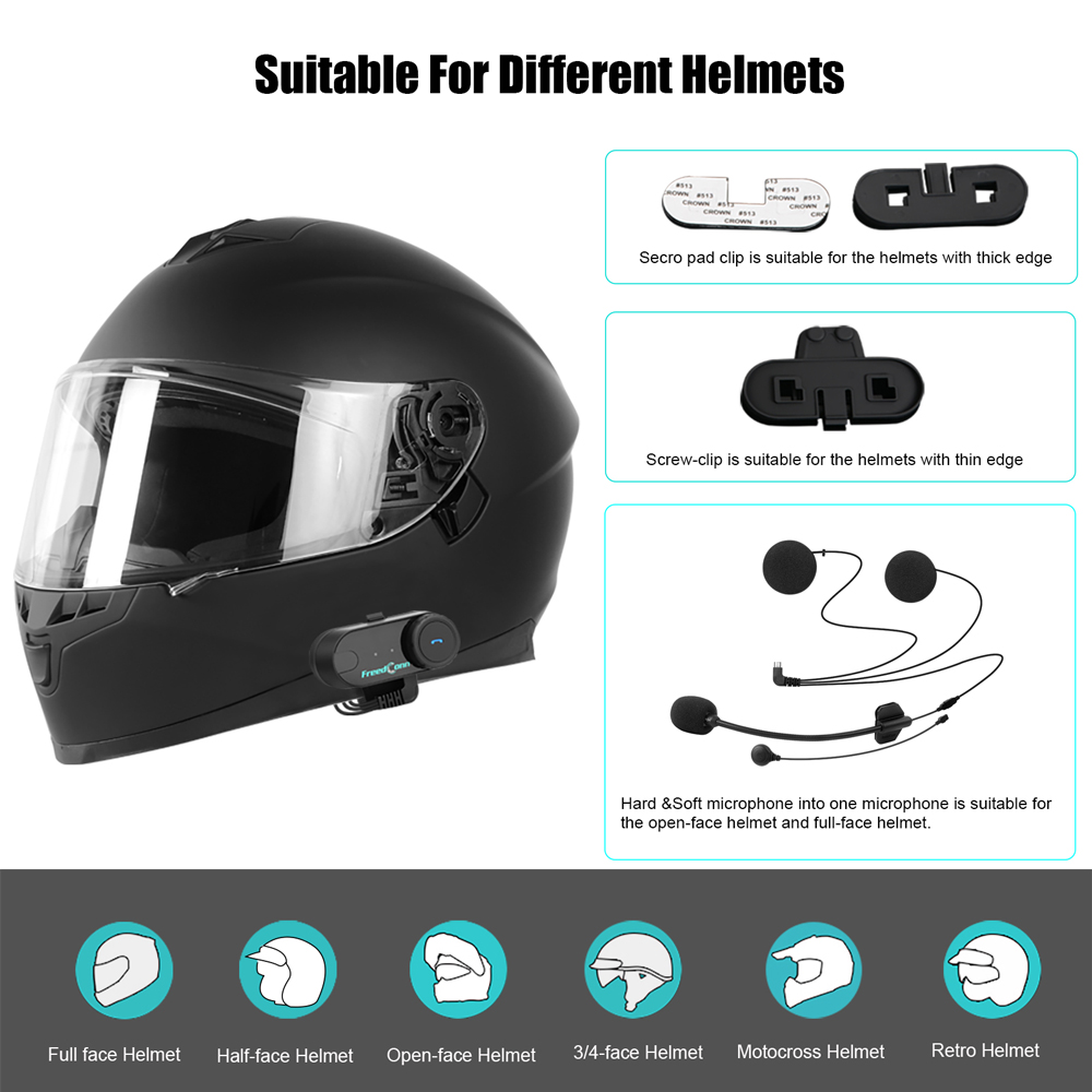 Freedconn TCom VB Interfono casco moto Auricolare Bluetooth Gruppo cuffie 6 motociclisti BT 5.0 FM Music Share Sistema intercomunicatore