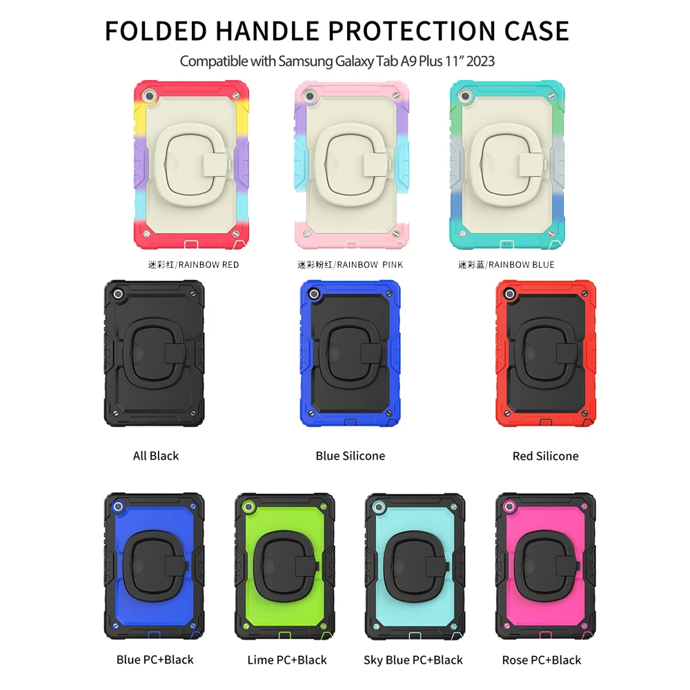 360 Poiglet rotatif Cas de tablette robuste pour Samsung Galaxy Tab A9 plus A9 + 2023 11 pouces Kickstand Kickstand Silicone Professeur de choc + bandoulière