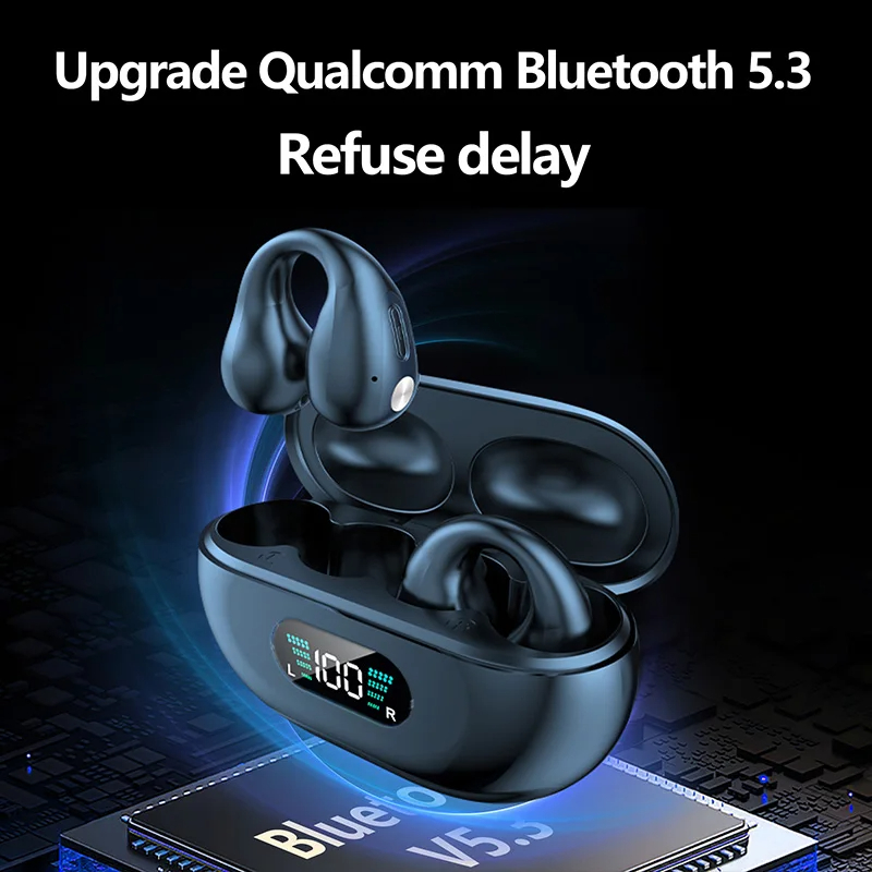 TWS 무선 헤드폰 Bluetooth 5.3 뼈 전도 이어폰 이어 클립 디자인 터치 제어 LED 이어 버드 스포츠 헤드셋