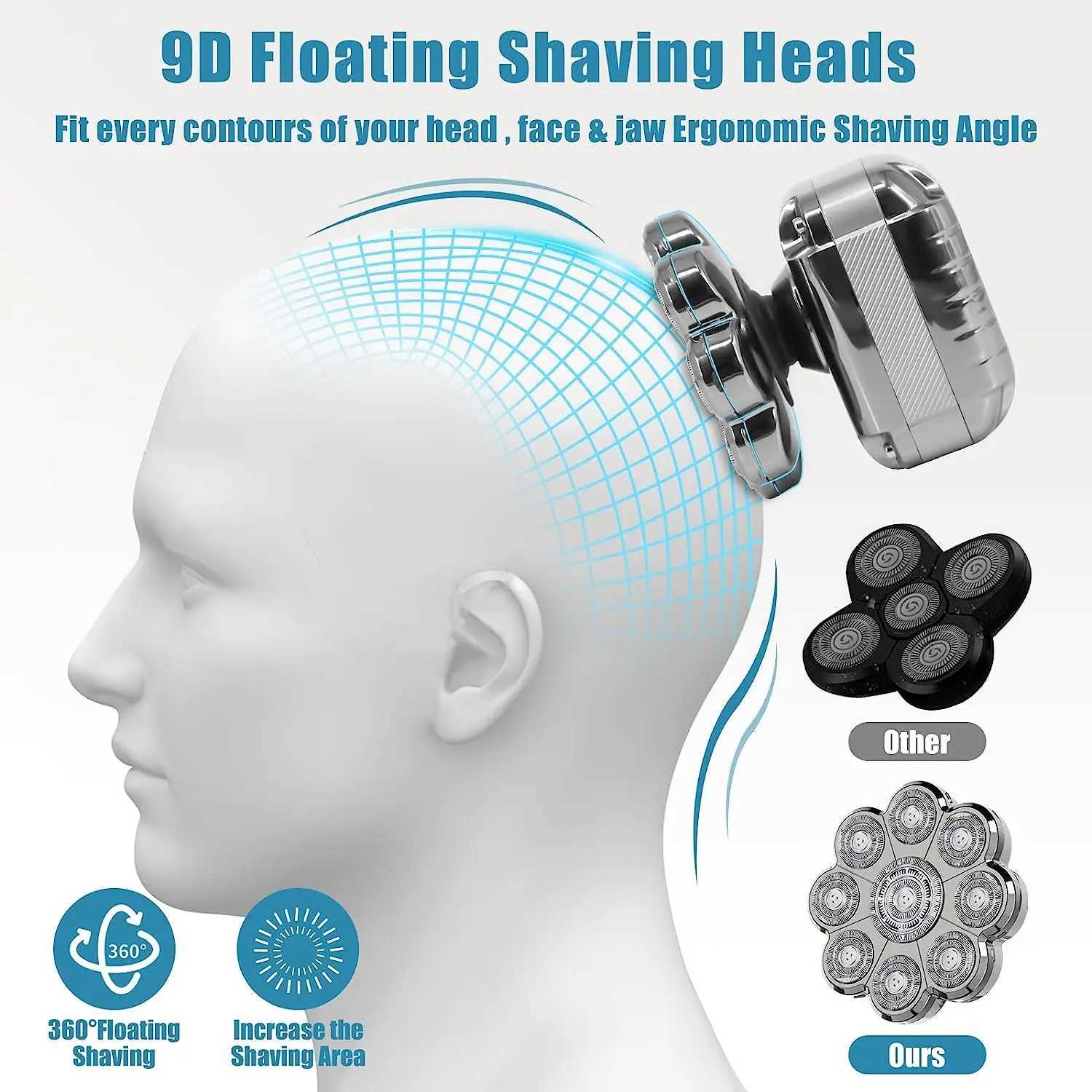 Electric Shavers 9D Head Shaver för skalliga män uppladdningsbar rakkniv IPX7 Vattentät rotary med LED -display 2442