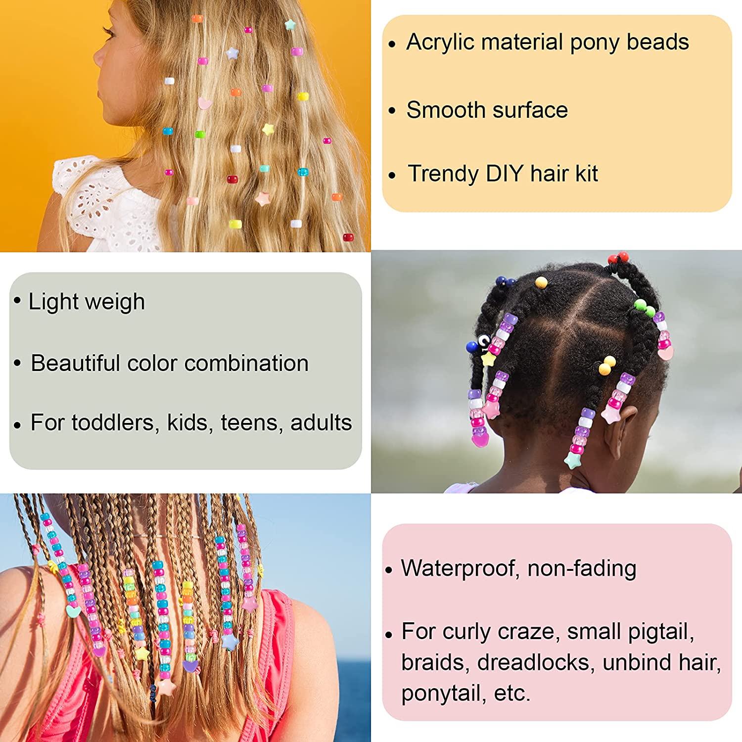 /Bag Hair Beads Kits for Lovely Kids Hair Acrylic Rainbow Beads Elastic Rubber Bands for Braiding Hair Accessories