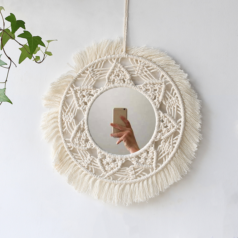 Decorative Mirrors Wall Decor Macrame Round Mirror Boho Home Decor Mirrors for Bedroom Living Room Bathroom Baby Room Decoration