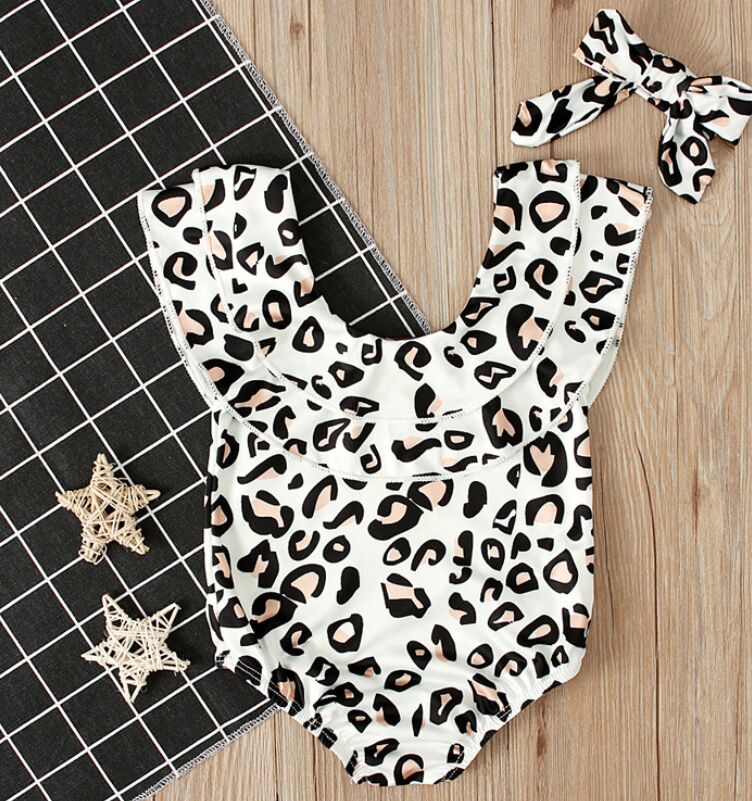 2024 children one pieces swimwear summer fashion girls white leopard print swimsuit + headscarf two-piece children's wear