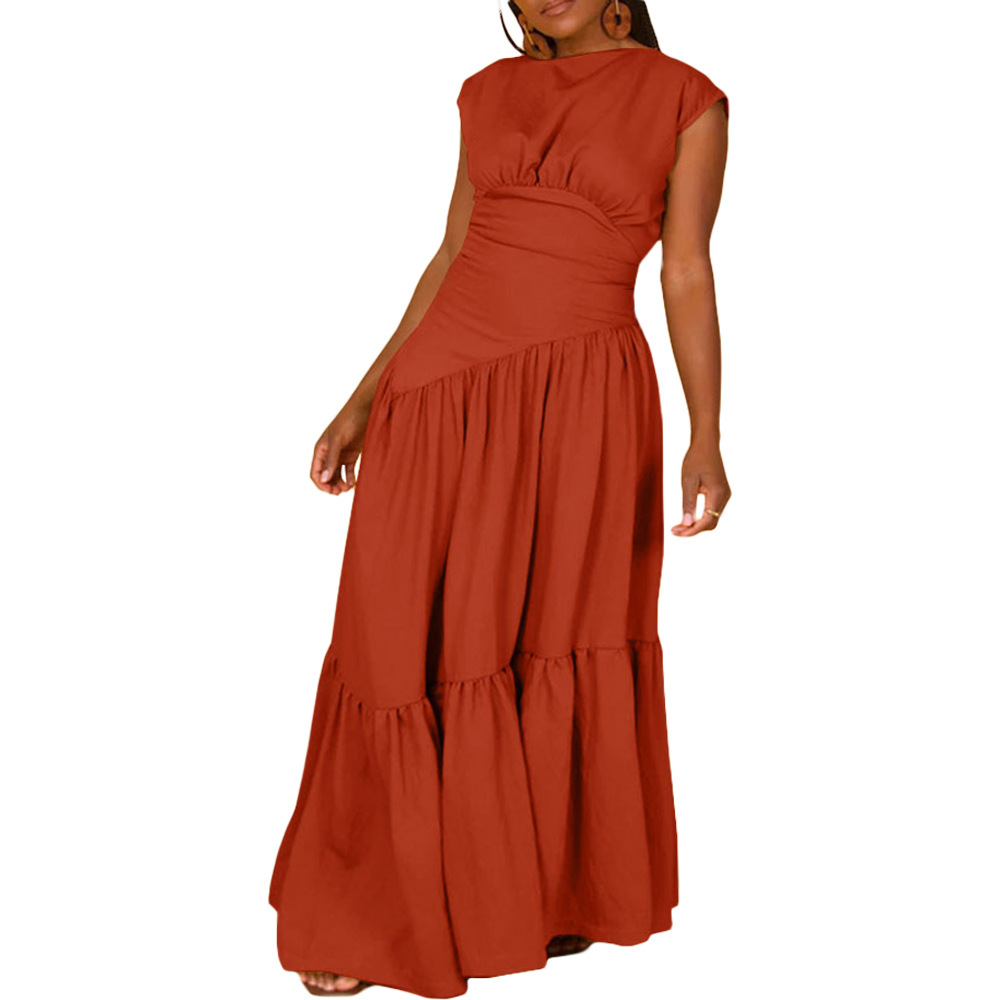Sıcak stil kadın kolsuz pileli elbise yaz moda düz renk ince bel kırıntıları dip bir çizgi rahat maxi elbiseler