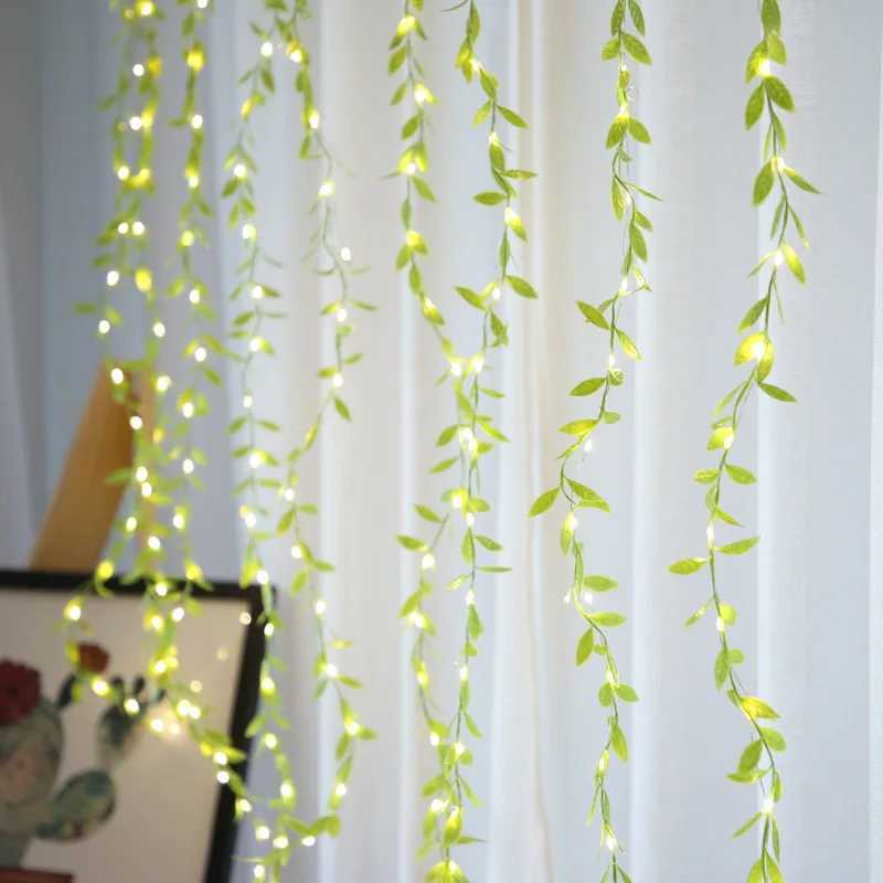 LED Strings الاصطناعية الستار أضواء الأضواء الخضراء المزيفة أوراق الصفصاف لحفل الزفاف خلفية الطفل دش عيد الميلاد ديكور المنزل YQ240401