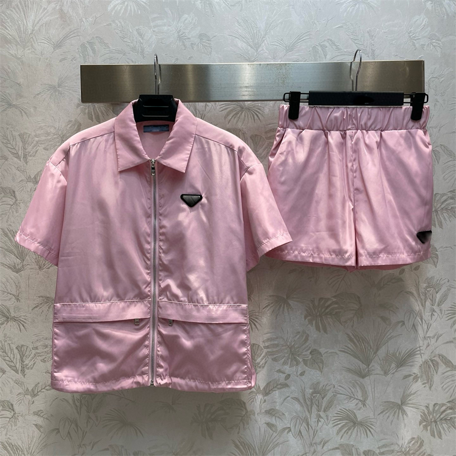 Women's juicy tracksuit Designer Two Piece set Summer Nylon Zipper Pink Green casual Short Sleeve Shorts Triangle Logo