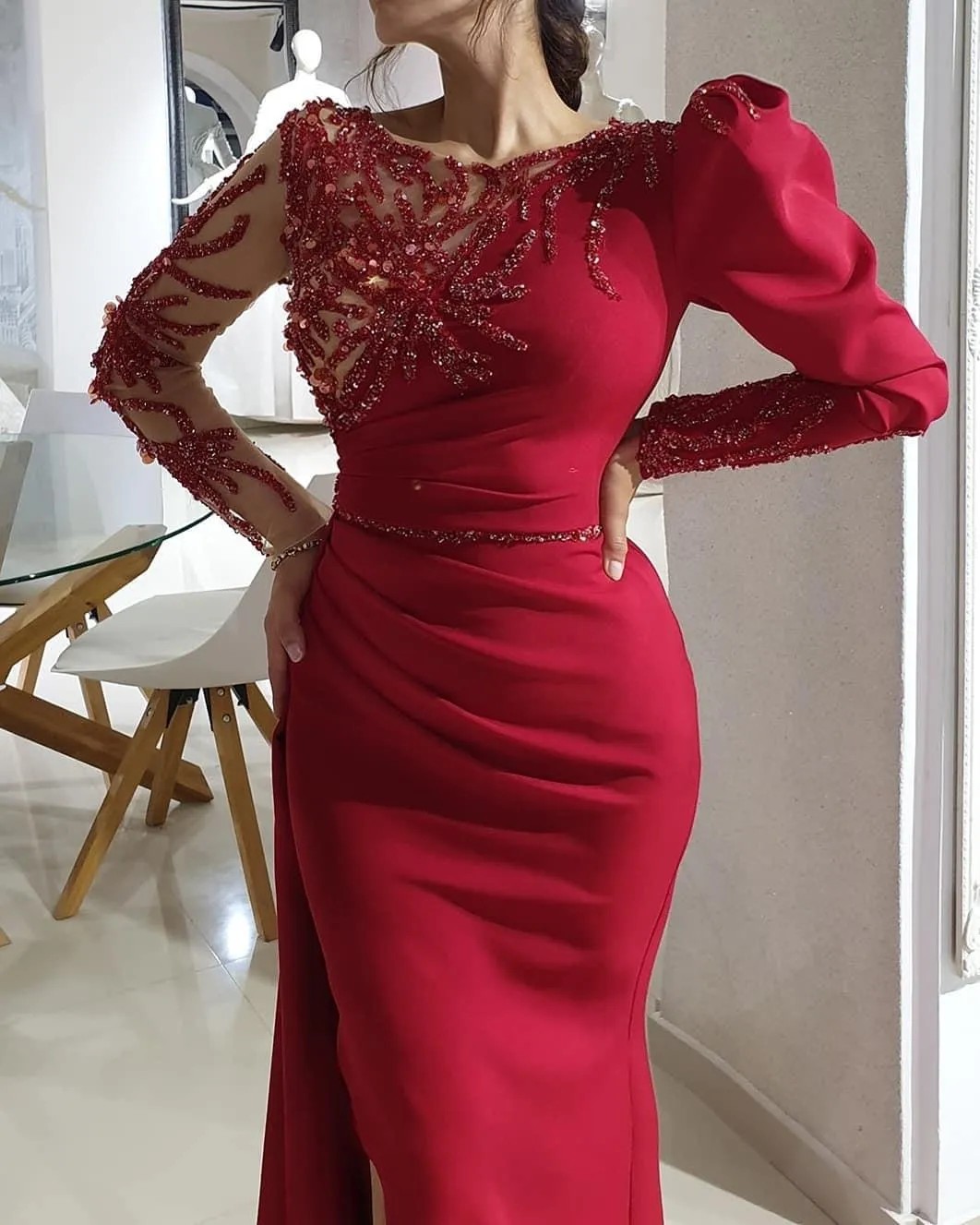 Red Satin Dubai Arabic Aso Ebi Prom Dresses Long Sleeves Gorgeous Sequines Beading Formal Party Gowns For Women Sexy Side Split Long Mermaid Vestidos De Fiesta CL3446