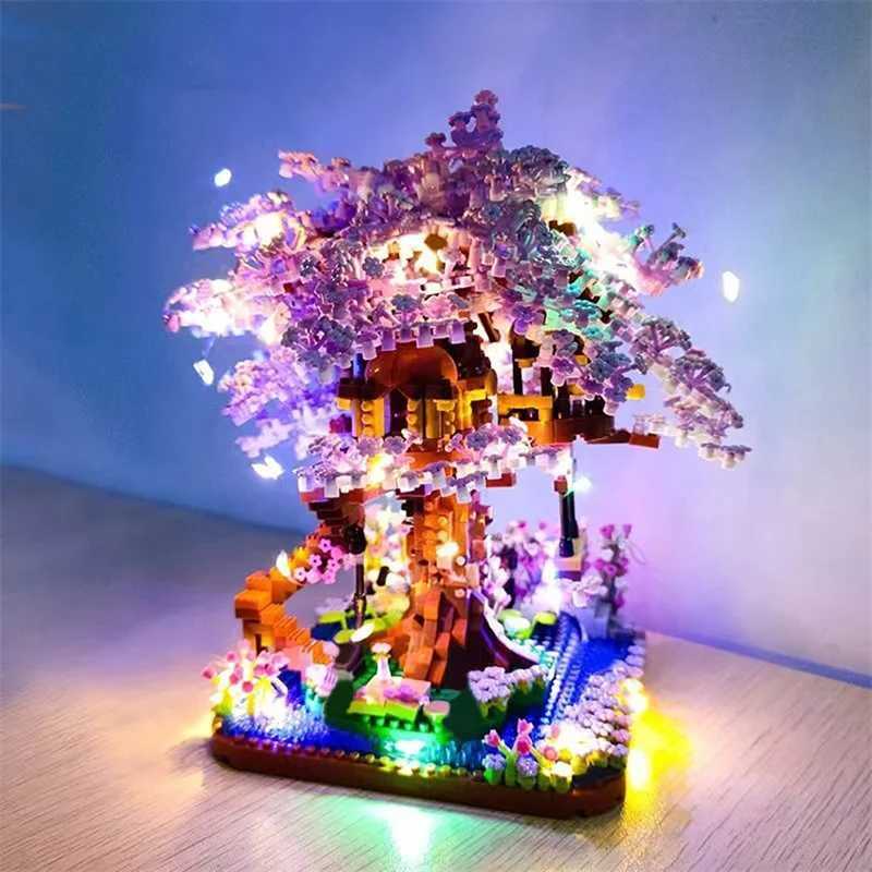 Blocchi Mini Sakura Tree House con luci Modello Building Blocks City Street View Case in fiore di ciliegio Mattoni Giocattoli bambini ragazze Regalo 240402