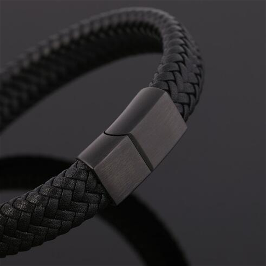 Classic Men Jewelry Genuine Leather Bracelets Titanium Black Rope Steel Magnetic Clasp Bracelets Wristband for Male Jewelry Gift AB74