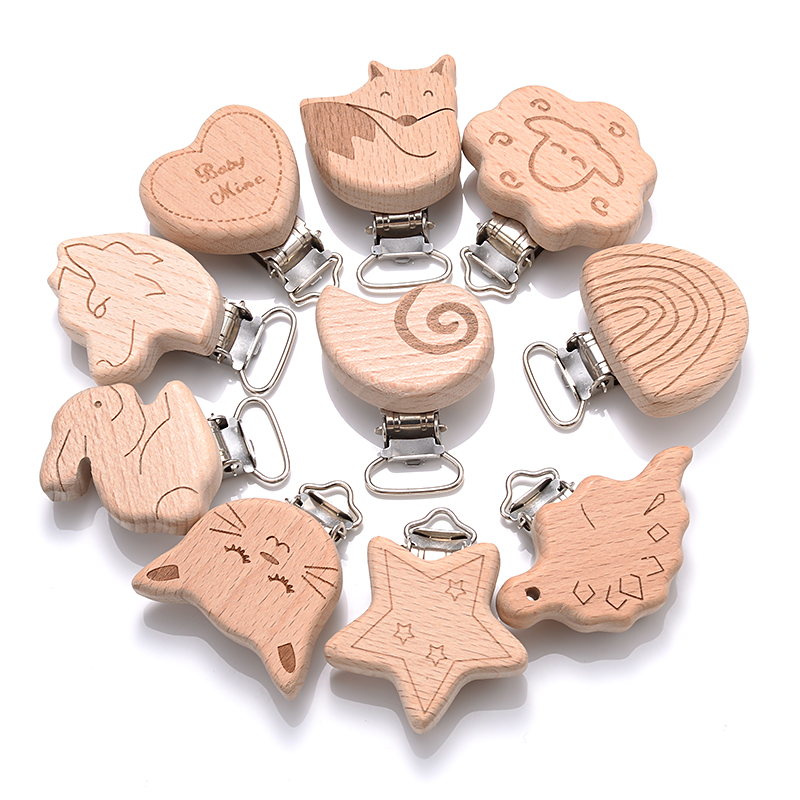 30mm Beech Wood Clips Metal Steel Cat Rainbow Animal Heart Shapr Pacifier Clips for Baby Teethers Toys Accessories